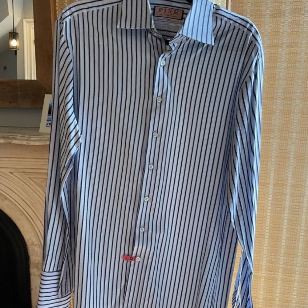 Thomas Pink Slim Fit Dress Shirt in Blue & White Stripe